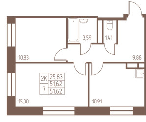 Планировка двухкомнатной(квартира) площадью 51.6 квадратных метров в ЖК “ЖК Западная Ивантеевка”