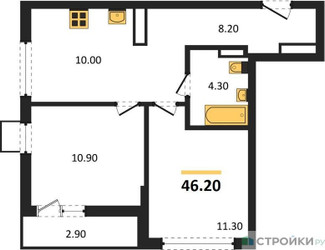 Планировка двухкомнатной(квартира) площадью 46.2 квадратных метров в ЖК “ЖК Деснаречье”