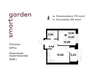 Планировка однокомнатной(квартира) площадью 34.8 квадратных метров в “ЖК Smart Garden (Смарт Гарден)”