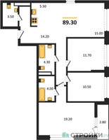 Планировка трехкомнатной(квартира) площадью 89.3 квадратных метров в “ЖК Родные кварталы”