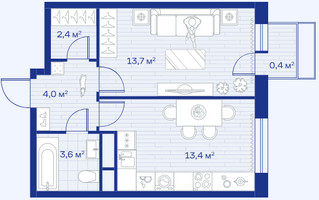 Планировка однокомнатной(квартира) площадью 37.5 квадратных метров в “ЖК Аристов берег”