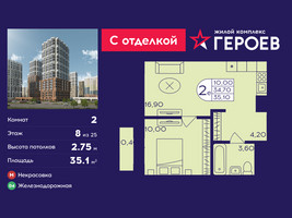 Планировка двухкомнатной(квартира) площадью 35.1 квадратных метров в “ЖК Героев”
