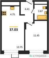 Планировка однокомнатной(квартира) площадью 37.03 квадратных метров в “ЖК Новоград Павлино”