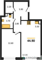 Планировка однокомнатной(квартира) площадью 44 квадратных метров в “Жилой район Alia (Алиа)”