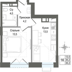 Планировка однокомнатной(квартира) площадью 35.2 квадратных метров в ЖК “ЖК КИНОКВАРТАЛ”