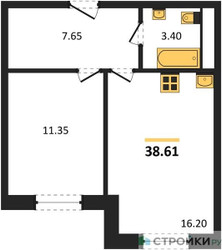 Планировка однокомнатной(квартира) площадью 38.61 квадратных метров в ЖК “ЖК Радость (Радумля Парк)”