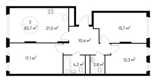 Планировка трехкомнатной(квартира) площадью 83.7 квадратных метров в “ЖК Переделкино Ближнее”