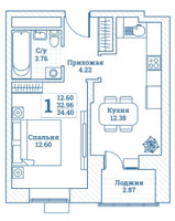 Планировка однокомнатной(квартира) площадью 34.4 квадратных метров в “ЖК Новоград Монино”