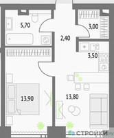 Планировка однокомнатной(квартира) площадью 42.1 квадратных метров в “ЖК Upside Towers (Апсайд Тауэрс)”