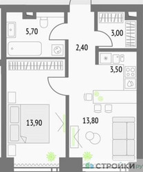 Планировка однокомнатной(квартира) площадью 42.1 квадратных метров в ЖК “ЖК Upside Towers (Апсайд Тауэрс)”