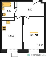 Планировка однокомнатной(квартира) площадью 38.7 квадратных метров в “ЖК ОБЛАКА-2”