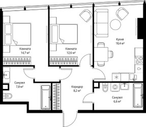 Планировка двухкомнатной(квартира) площадью 68.3 квадратных метров в ЖК “ЖК ОНЕ”