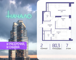 Планировка двухкомнатной(квартира) площадью 80.3 квадратных метров в ЖК “ЖК Начало”