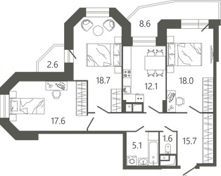 Планировка трехкомнатной(квартира) площадью 92.7 квадратных метров в ЖК “ЖК Советская 18”