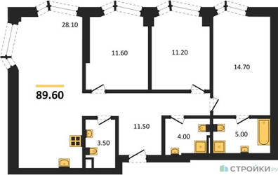 Планировка трехкомнатной(квартира) площадью 89.6 квадратных метров в ЖК “ICE TOWERS (Айс Тауэрс)”