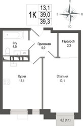 Планировка однокомнатной(квартира) площадью 39 квадратных метров в ЖК “ЖК КИНОКВАРТАЛ”