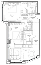 Планировка двухкомнатной(квартира) площадью 79 квадратных метров в ЖК “ЖК Dream Riva (Дрим Рива)”