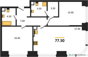 Планировка двухкомнатной(квартира) площадью 77.5 квадратных метров в “ЖК Nagatino i-Land (Нагатино ай-лэнд)”