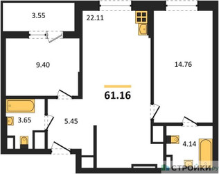 Планировка двухкомнатной(квартира) площадью 61.16 квадратных метров в ЖК “ЖК Светлый мир Станция Л”
