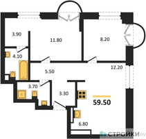Планировка двухкомнатной(квартира) площадью 59.5 квадратных метров в “ЖК Новые смыслы”