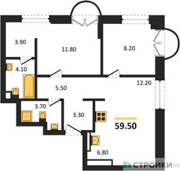 Планировка двухкомнатной(квартира) площадью 59.5 квадратных метров в ЖК “ЖК Новые смыслы”