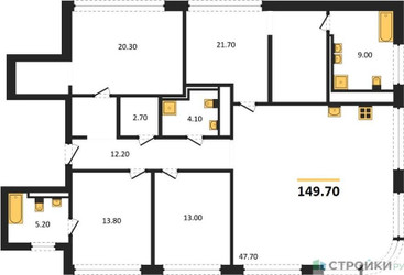 Планировка 4+ комнатной(квартира) площадью 149.7 квадратных метров в ЖК “ЖК Остров”