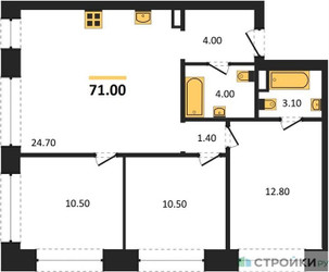 Планировка трехкомнатной(квартира) площадью 71 квадратных метров в ЖК “ЖК Wave (Вейв)”