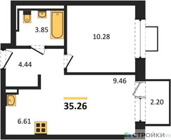 Планировка однокомнатной(квартира) площадью 35.26 квадратных метров в “ЖК Богдановский Лес”