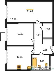 Планировка двухкомнатной(квартира) площадью 51.85 квадратных метров в ЖК “ЖК Горки Парк”