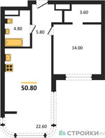 Планировка однокомнатной(квартира) площадью 50.8 квадратных метров в “Кутузов Сити”