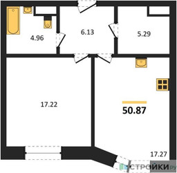 Планировка однокомнатной(квартира) площадью 50.87 квадратных метров в ЖК “ЖК Sezar City (Сезар Сити)”