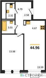 Планировка однокомнатной(квартира) площадью 44.96 квадратных метров в ЖК “ЖК Богдановский Лес”