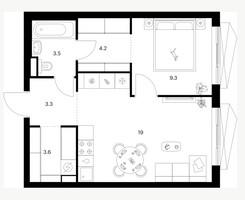 Планировка однокомнатной(квартира) площадью 42.9 квадратных метров в “Нарвин”