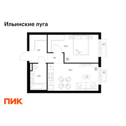 Планировка однокомнатной(квартира) площадью 39.1 квадратных метров в ЖК “ЖК Ильинские луга”