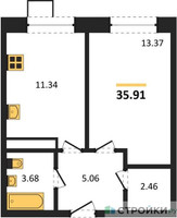Планировка однокомнатной(квартира) площадью 35.91 квадратных метров в “ЖК Новотомилино”