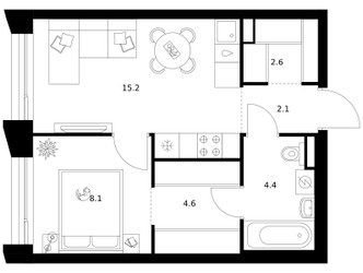 Планировка однокомнатной(квартира) площадью 37 квадратных метров в ЖК “ЖК Зеленый парк”