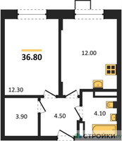 Планировка однокомнатной(квартира) площадью 36.8 квадратных метров в “ЖК ОБЛАКА-2”