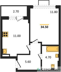 Планировка однокомнатной(квартира) площадью 34.5 квадратных метров в ЖК “ЖК Бунинские кварталы”