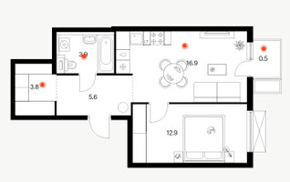 Планировка однокомнатной(квартира) площадью 43.6 квадратных метров в “ЖК Томилинский бульвар”
