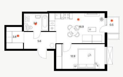 Планировка однокомнатной(квартира) площадью 43.6 квадратных метров в ЖК “ЖК Томилинский бульвар”