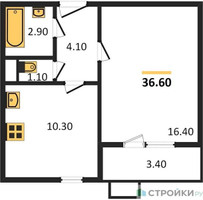 Планировка однокомнатной(квартира) площадью 36.6 квадратных метров в “ЖК Первый Лермонтовский”