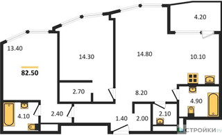 Планировка двухкомнатной(квартира) площадью 82.5 квадратных метров в “ЖК ROTTERDAM (Роттердам)”