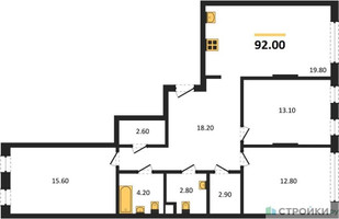 Планировка трехкомнатной(квартира) площадью 92 квадратных метров в “ЖК Переделкино Ближнее”