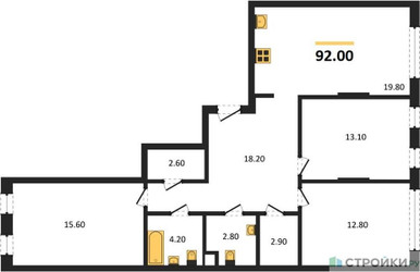 Планировка трехкомнатной(квартира) площадью 92 квадратных метров в ЖК “ЖК Переделкино Ближнее”