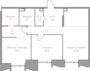 Планировка двухкомнатной(квартира) площадью 86.4 квадратных метров в ЖК “ЖК Коллекция Лужники”