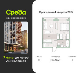 Планировка однокомнатной(квартира) площадью 35.8 квадратных метров в ЖК “ЖК Среда на Лобачевского”