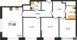 Планировка трехкомнатной(квартира) площадью 77.6 квадратных метров в “ЖК Сиреневый парк”