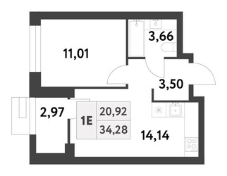 Планировка однокомнатной(квартира) площадью 33.27 квадратных метров в “ЖК Smart Garden (Смарт Гарден)”
