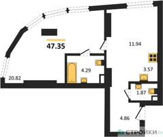Планировка однокомнатной(квартира) площадью 47.35 квадратных метров в “ЖК Солос”
