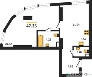 Планировка однокомнатной(квартира) площадью 47.35 квадратных метров в ЖК “ЖК Солос”